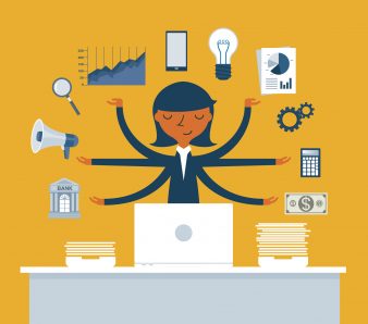 Cartoon of a woman at her desk juggling multiple tasks simultaneously