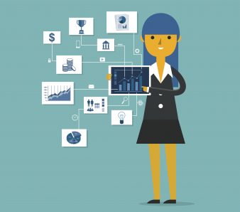 A graphic of a businesswoman pointing at chart and presentation
