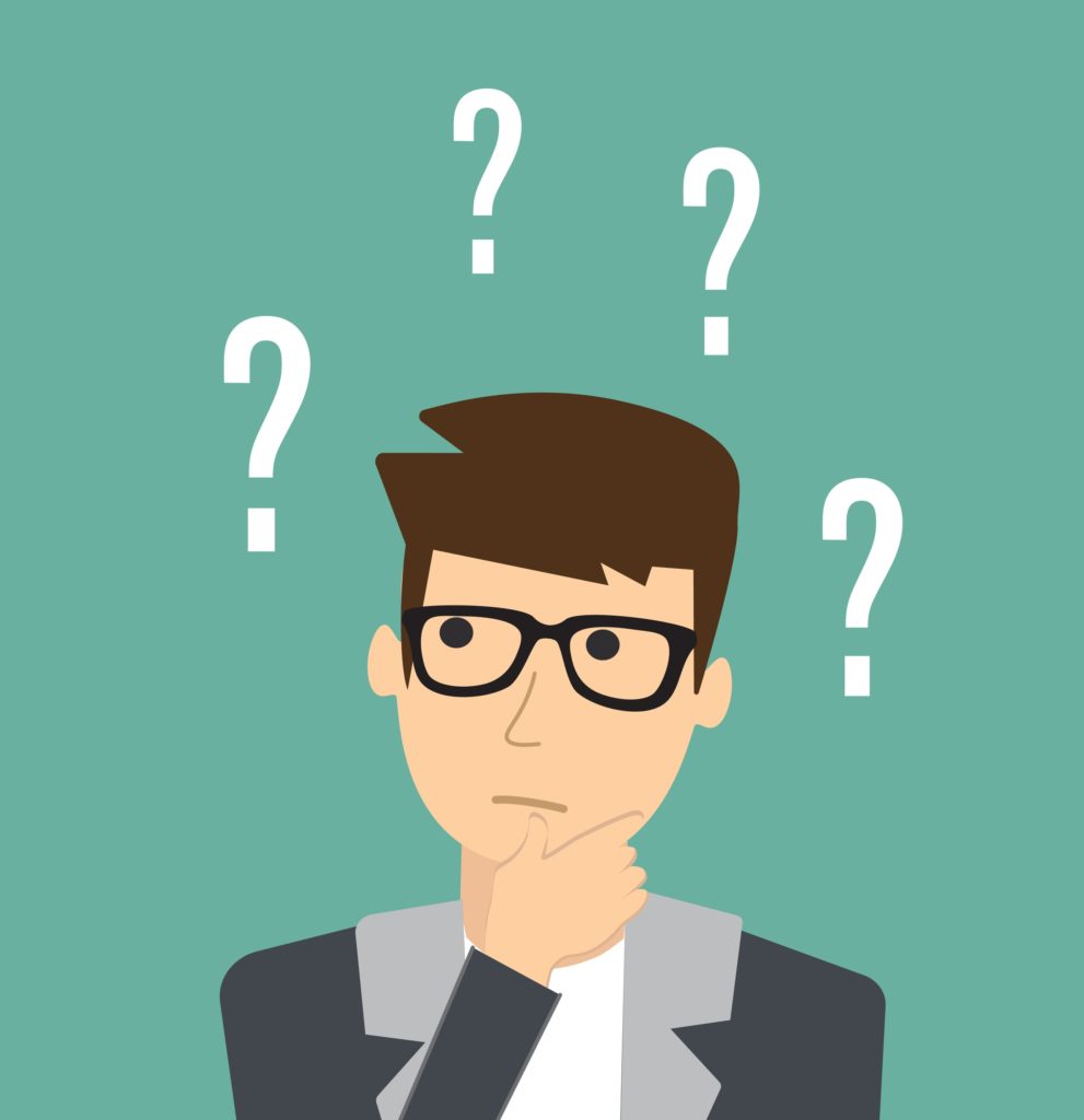 business man is confused thinking businessman surrounded by question marks business concept. Confused man