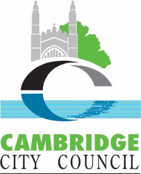 Cambridge City Council's logo featuring a bridge and a cathedral like building with a green tree behind them